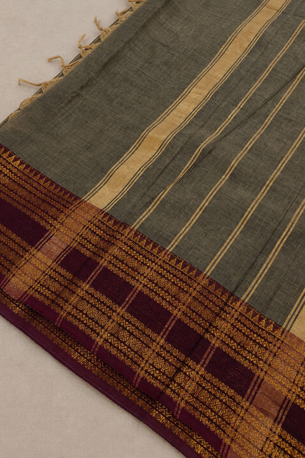 Grey Chettinad Cotton Saree with Maroon Zari-Inspired Border