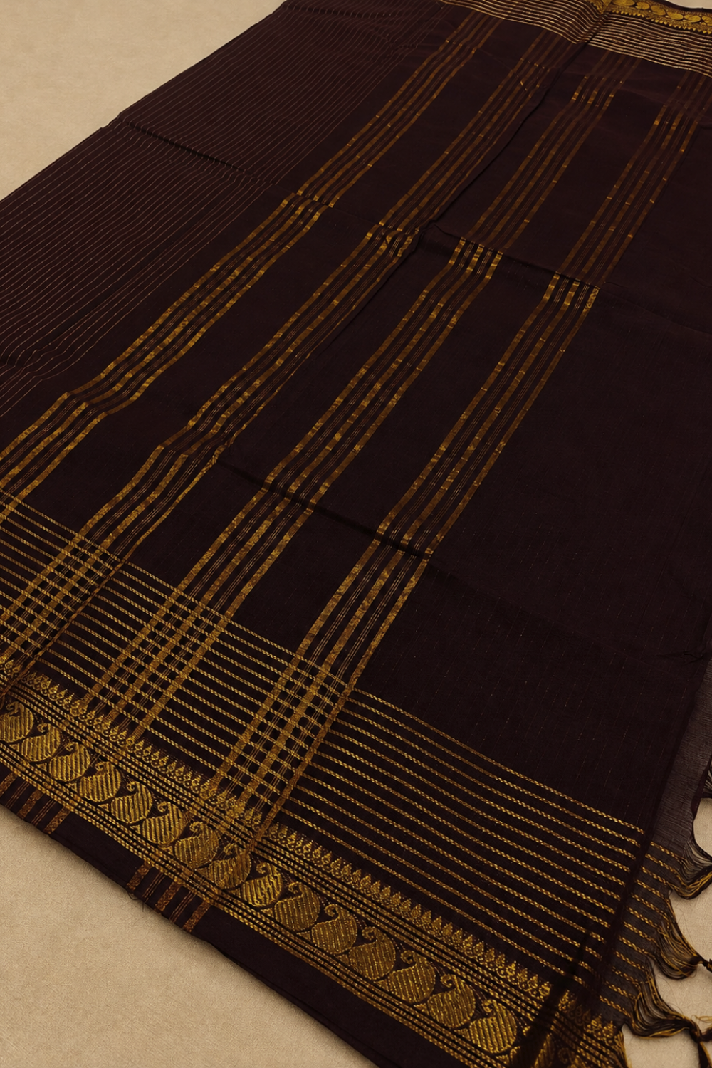 Coffee Brown Chettinad Cotton Saree with Golden Stripes & Peacock Border