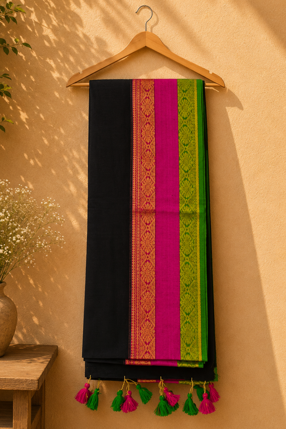Black Mul Mul Cotton Saree with Pink & Green Border