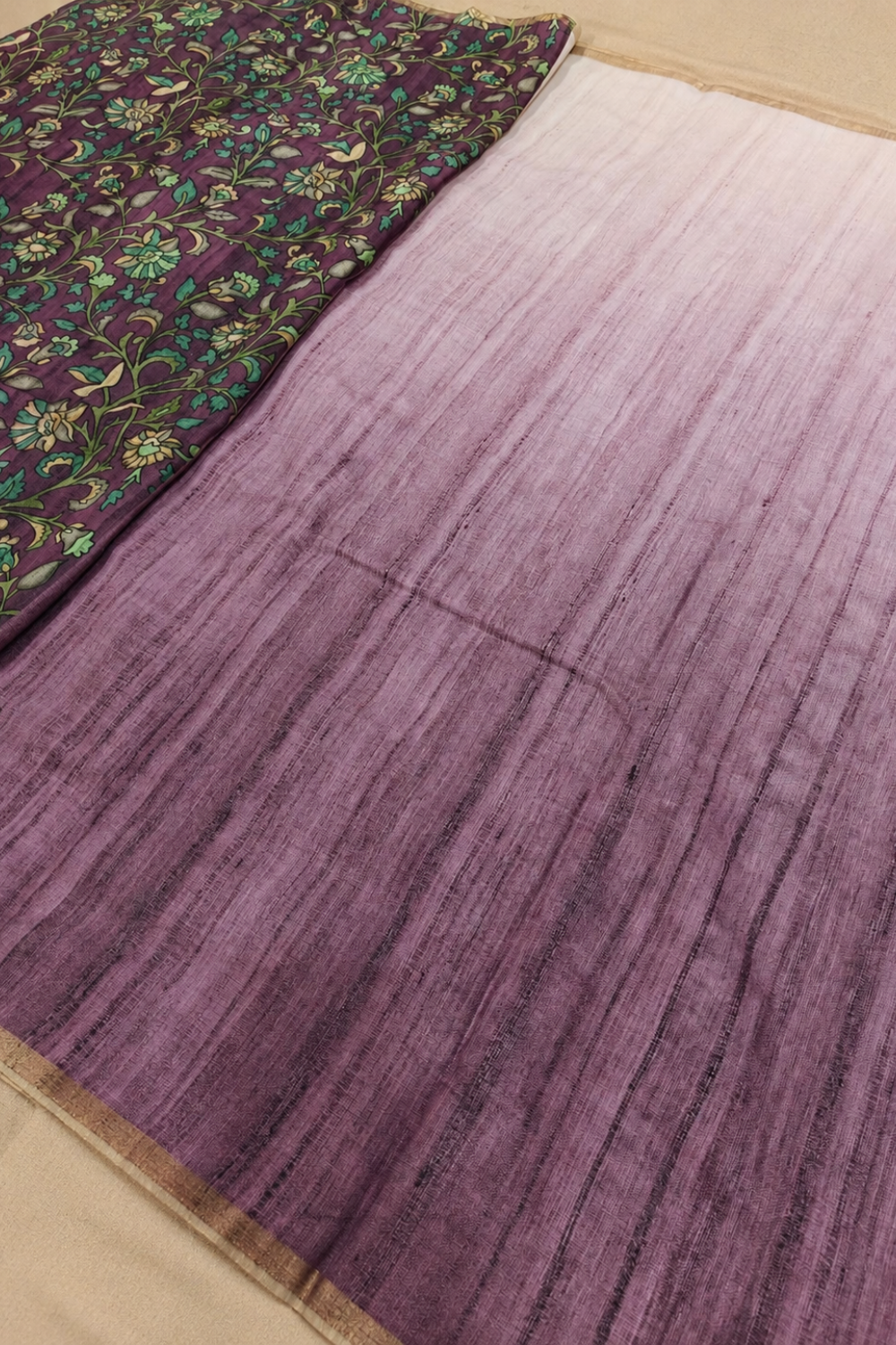 Dusty Mauve Jute Linen Saree with Striped Pallu & Kalamkari Printed Blouse