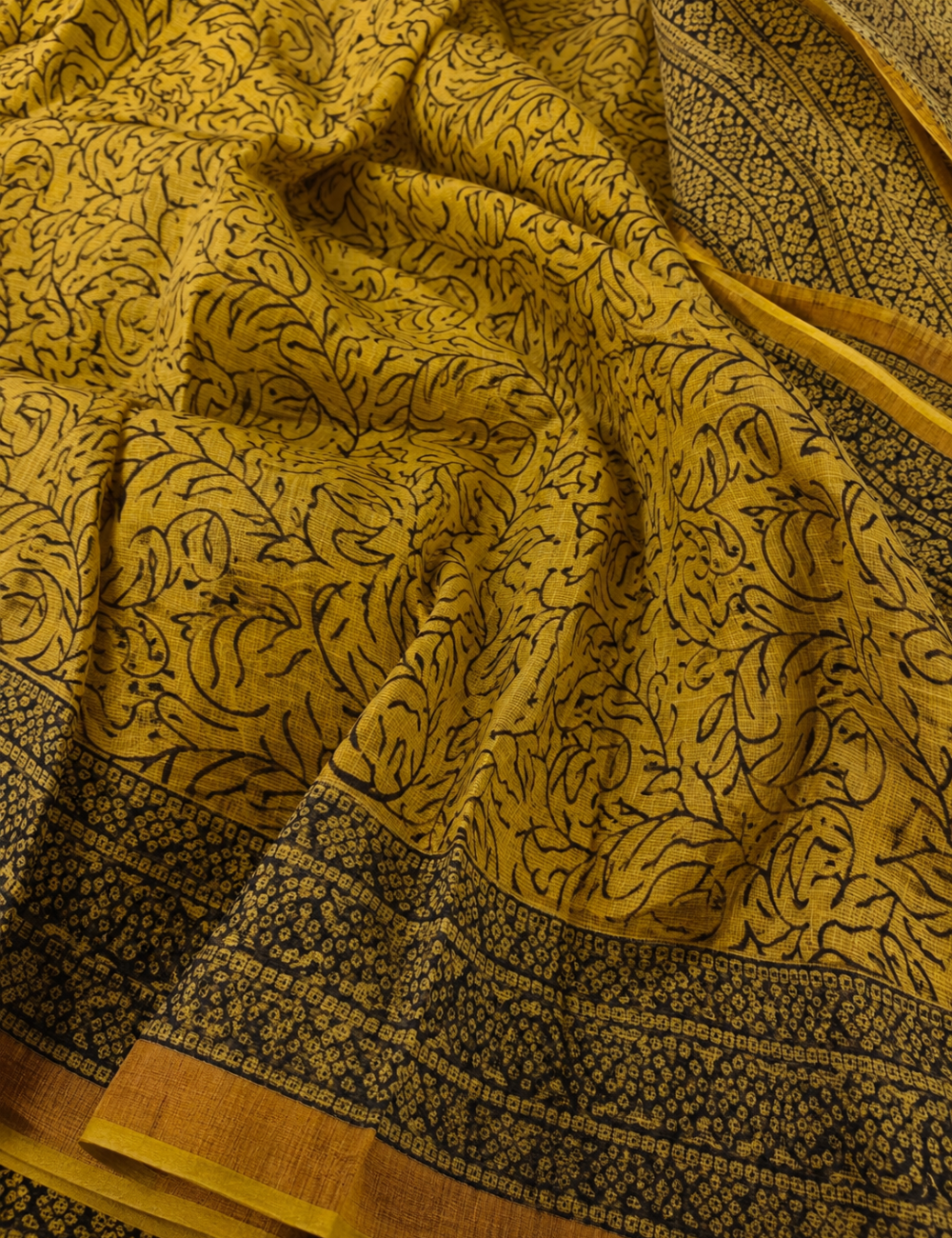 Mustard Yellow Mango Bagru Handblock Kota Doriya Saree