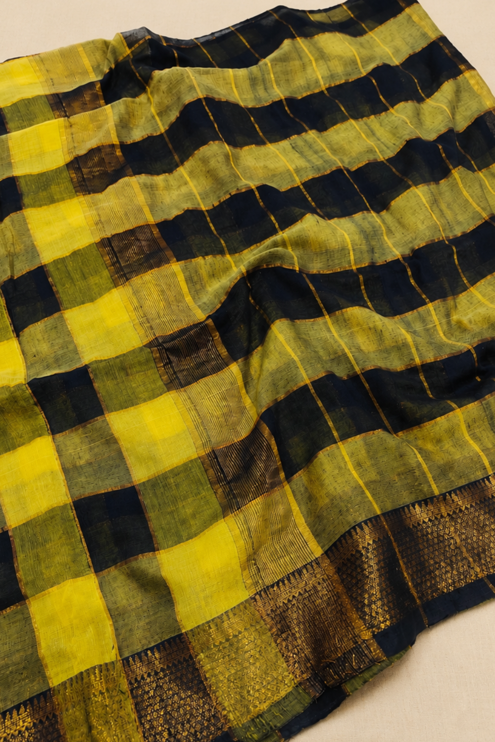Black and Mustard Mul Mul Cotton Checked Saree