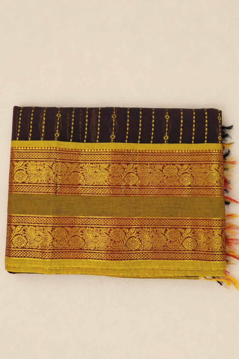 Deep Brown Chettinad Cotton Saree with Antique Gold Floral Border