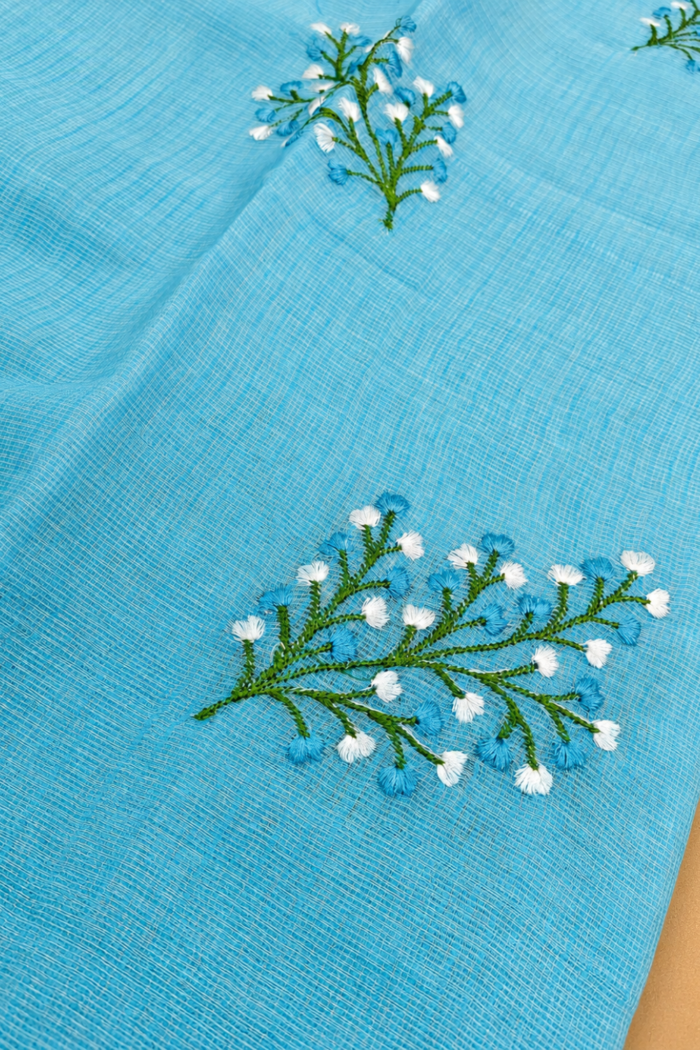 Sky Blue Kota Saree with Delicate Floral Embroidery