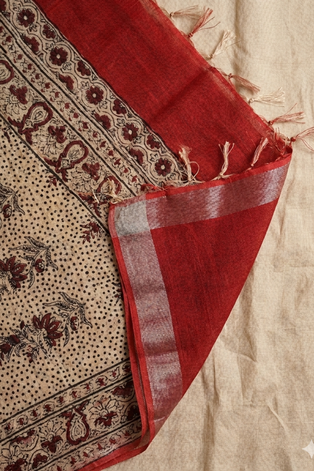 Rust Red Linen Saree with Printed Kalamkari-Inspired Pallu