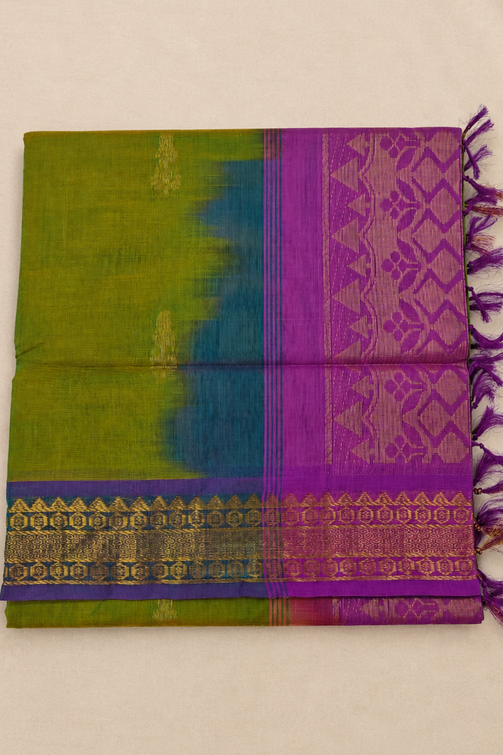 Parrot Green & Purple Chettinad Cotton Saree with Traditional Gold Motifs