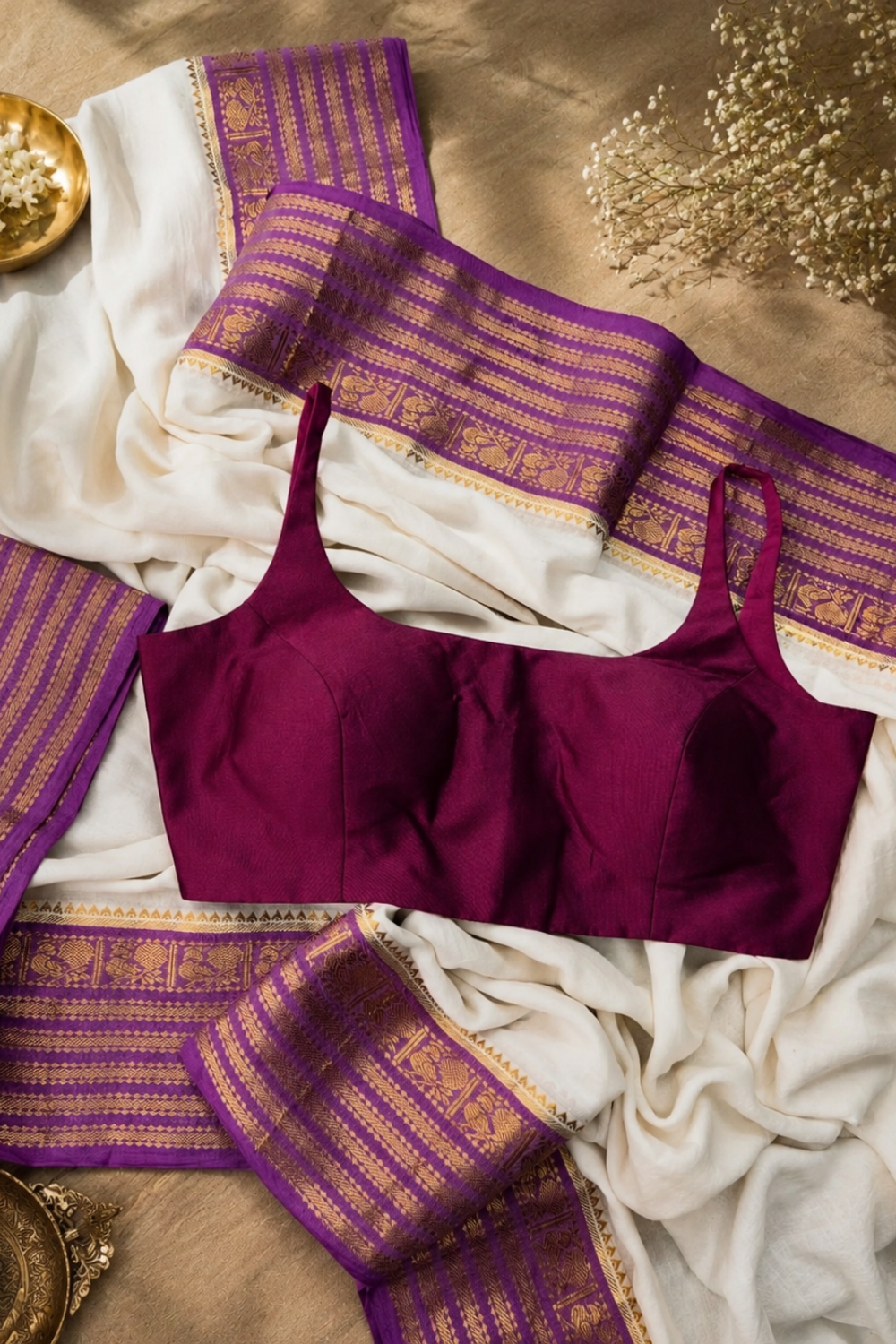 Off White 120 Count Mul Mul Cotton Saree with Purple & Gold Zari Border