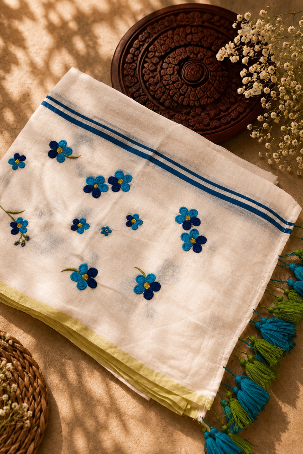 Off White 120 Count Mul Mul Cotton Saree with Blue Floral Embroidery