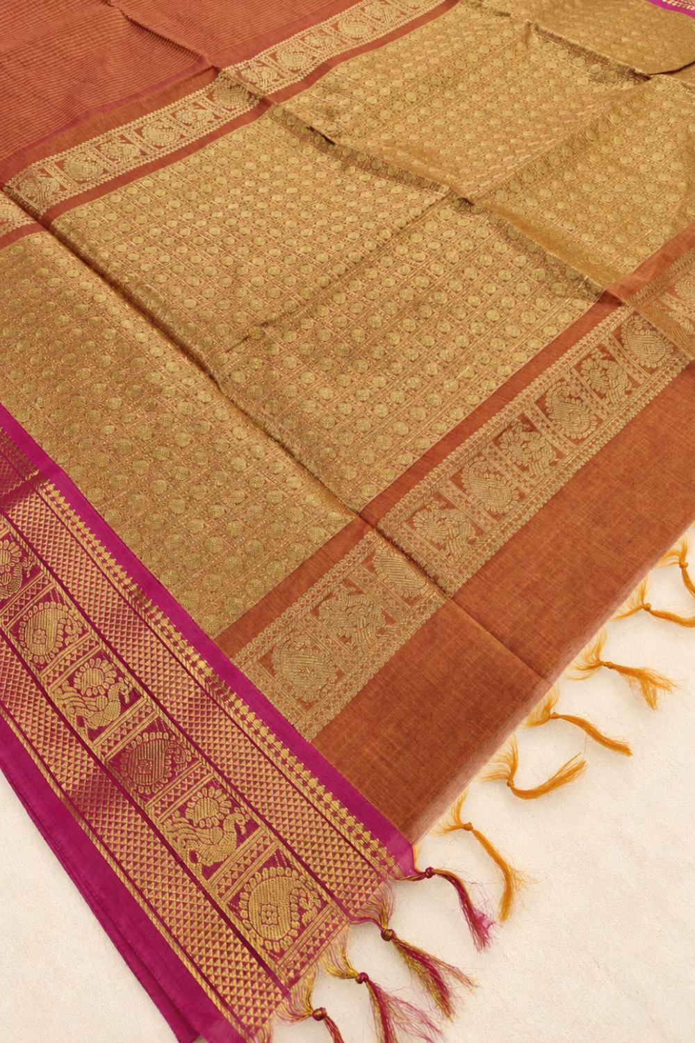 Rust Orange & Pink Chettinad Cotton Saree with Traditional Gold Zari Border