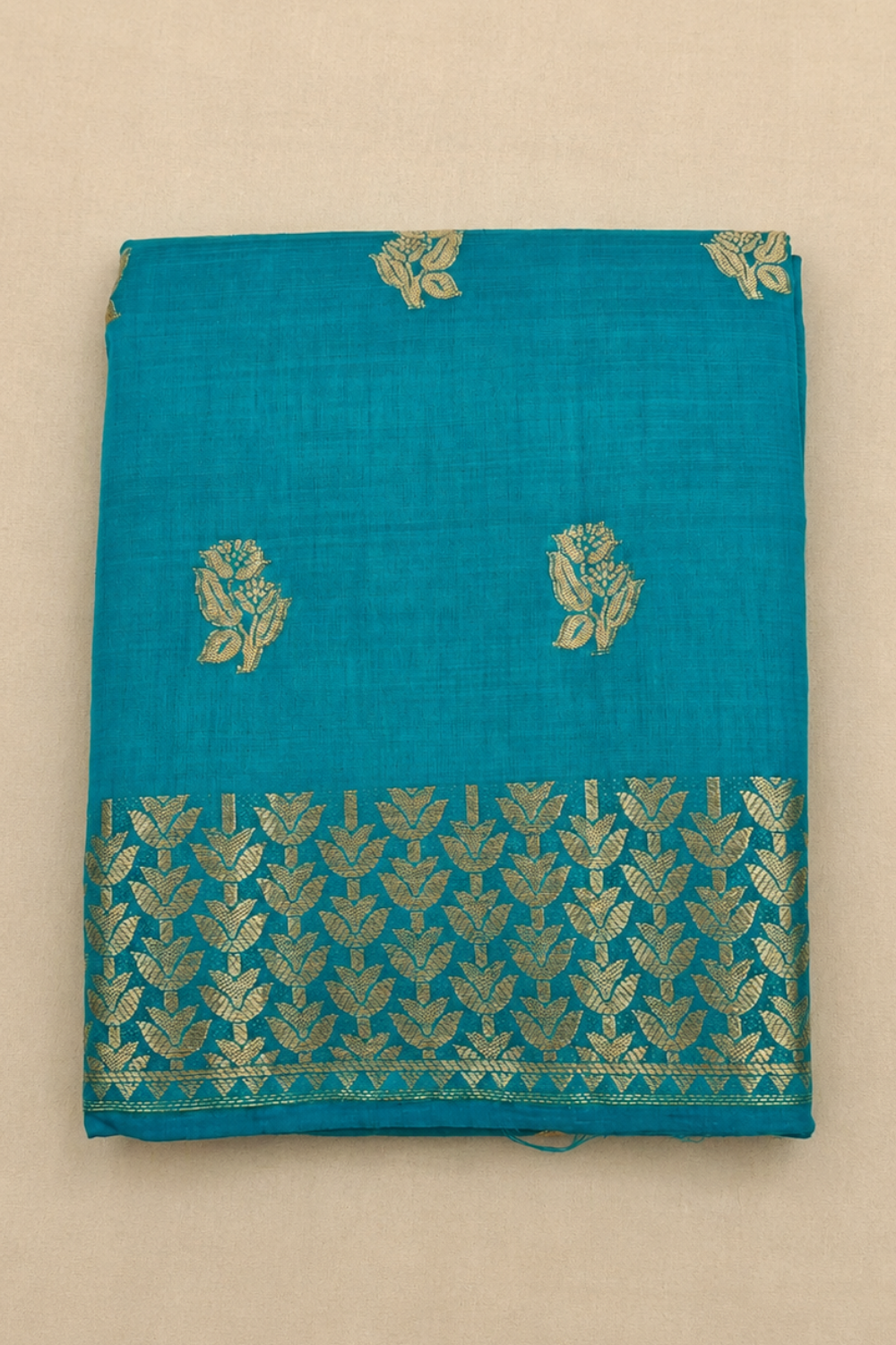 Teal Blue Tussar Saree with Zari Floral Buttas and Elegant Woven Border