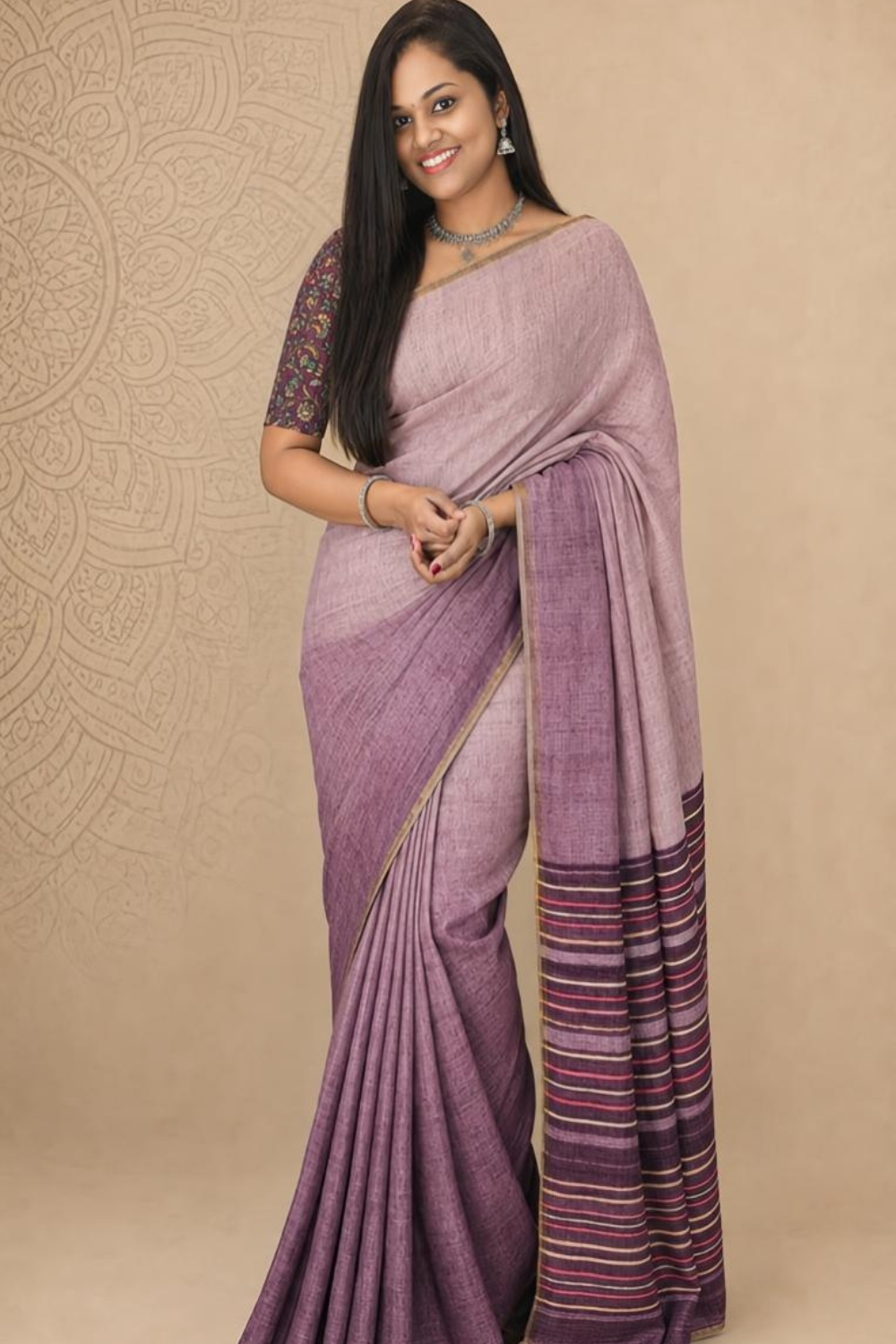 Dusty Mauve Jute Linen Saree with Striped Pallu & Kalamkari Printed Blouse