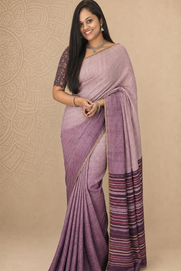 Dusty Mauve Jute Linen Saree with Striped Pallu & Kalamkari Printed Blouse