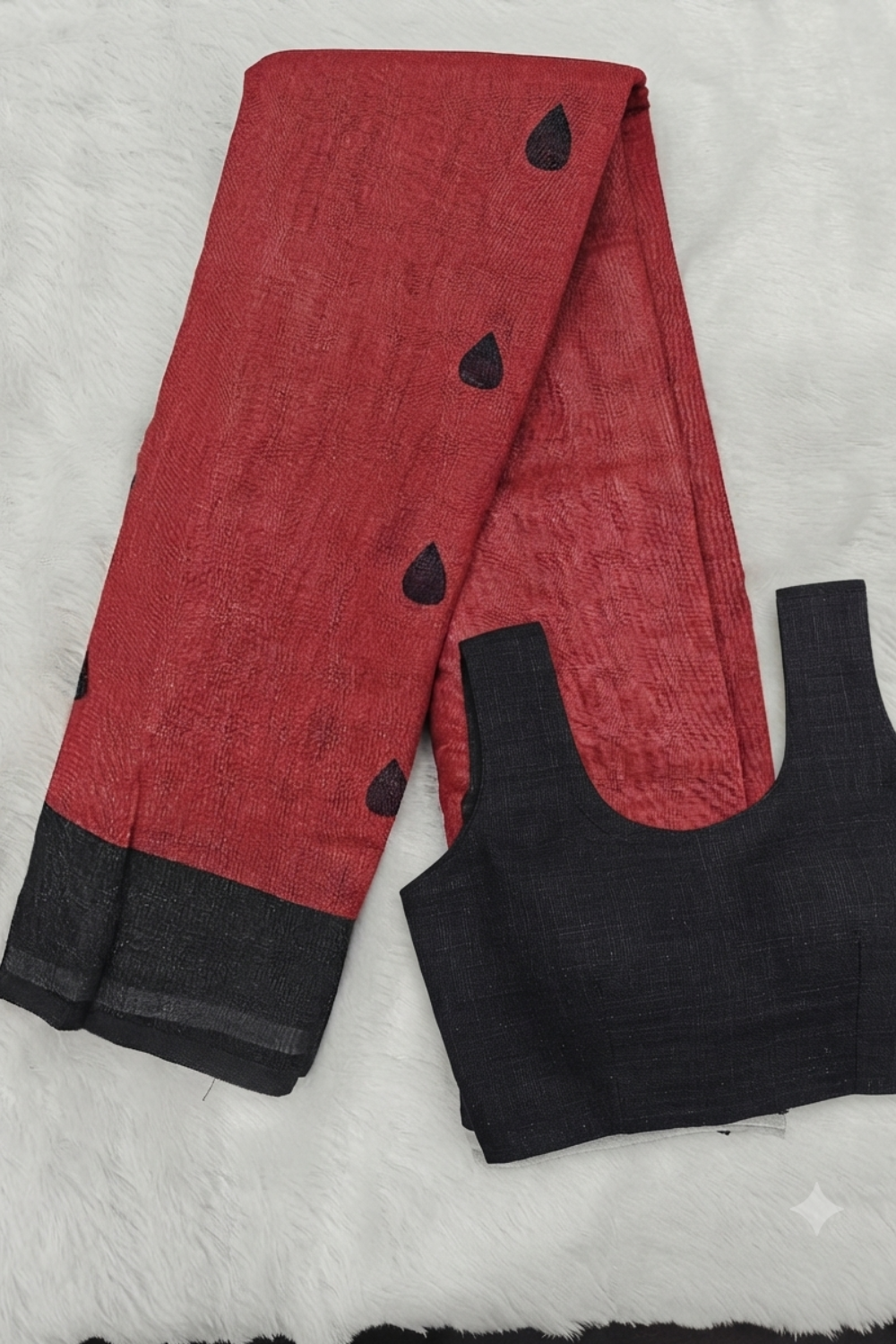 Crimson Red Linen Blend Saree with Black Drop Motifs