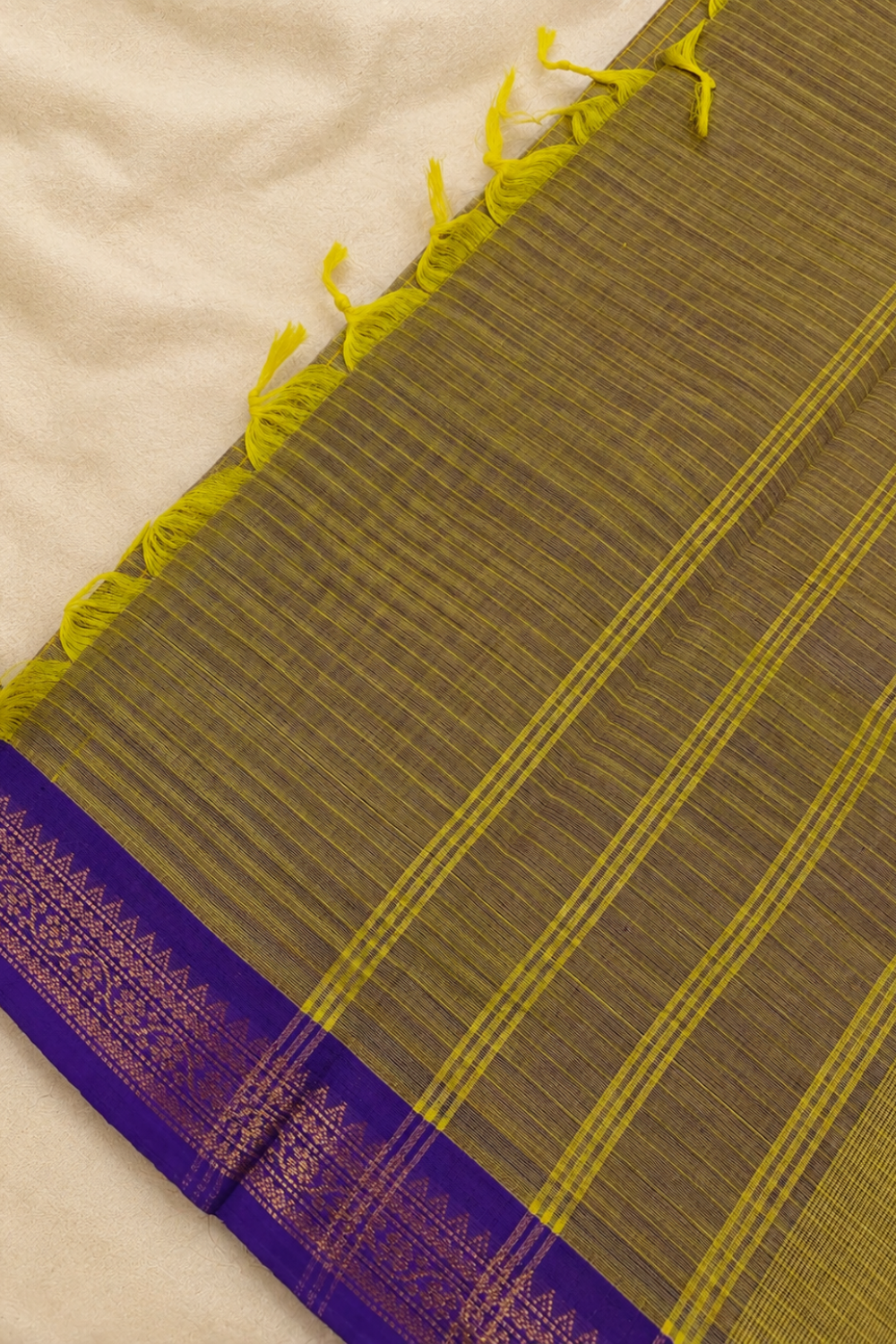 Olive Green Chettinad Handloom Cotton Saree with Royal Purple Zari Border