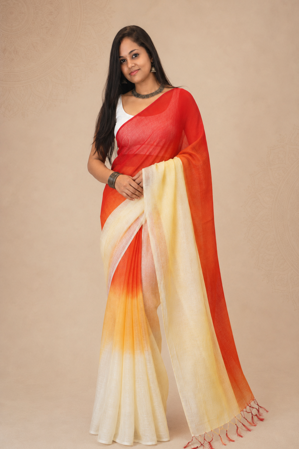 Sunrise Ombre Linen Blend Saree – Red, Yellow & Ivory