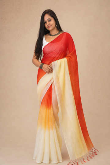 Sunrise Ombre Linen Blend Saree – Red, Yellow & Ivory