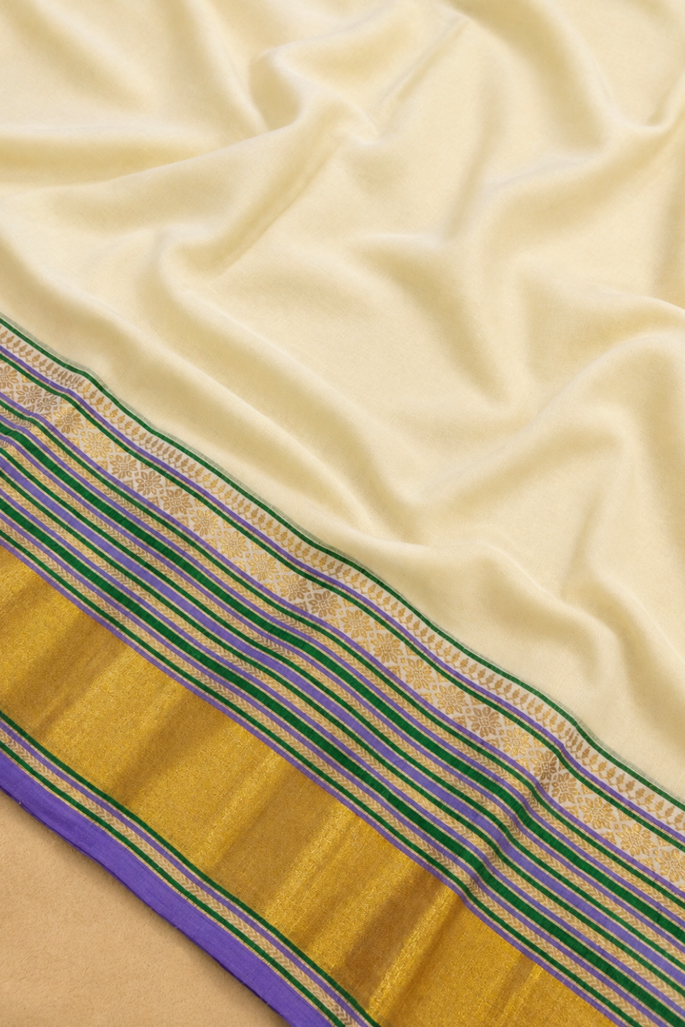 Off White Mul Mul Cotton Saree with Lavender Zari Border