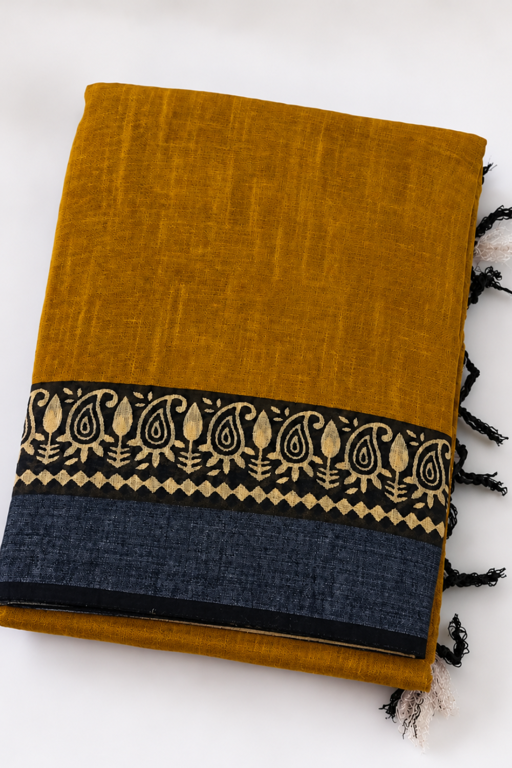 Mustard Yellow Linen Saree with Traditional Block Print