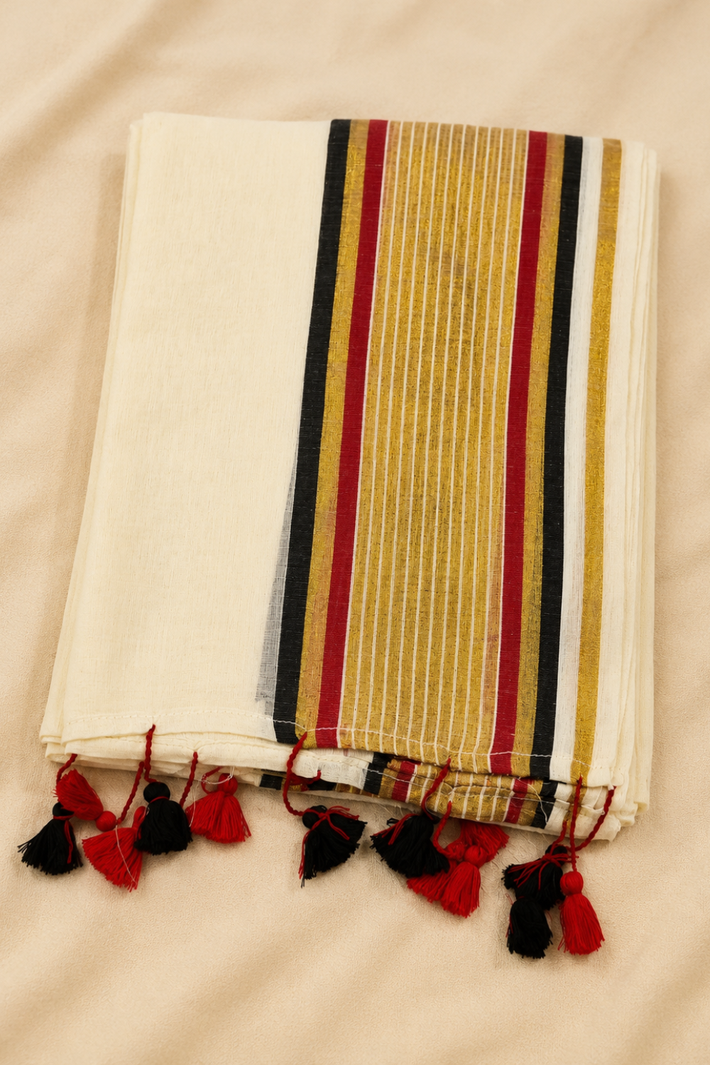 Off White Mul Mul Cotton Saree with Black & Red Temple Border
