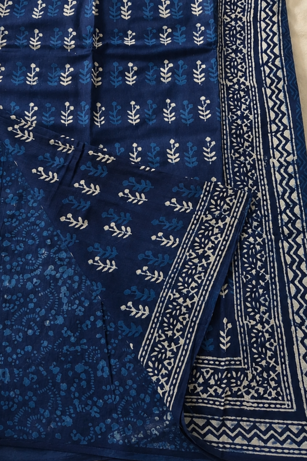 Indigo Blue Hand Block Print Linen Saree with Woven Border
