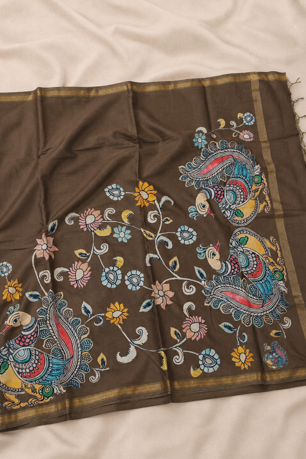 Brown Linen Chanderi Saree with Floral & Peacock Appliqué
