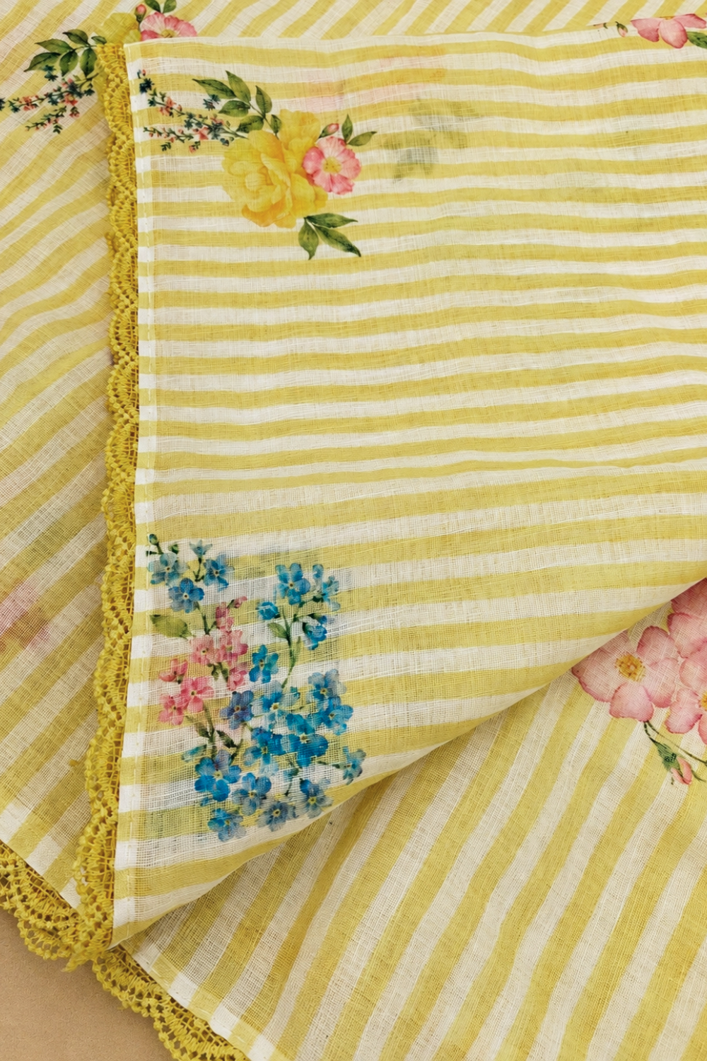 Yellow & White Striped Linen Saree with Floral Prints