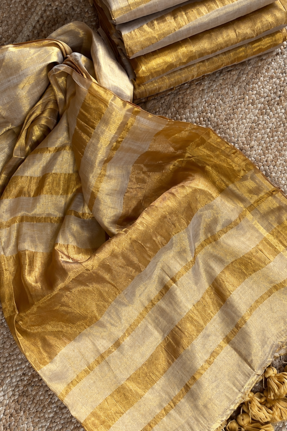 Golden Linen Tissue Saree with Zari Border & Tassel Pallu