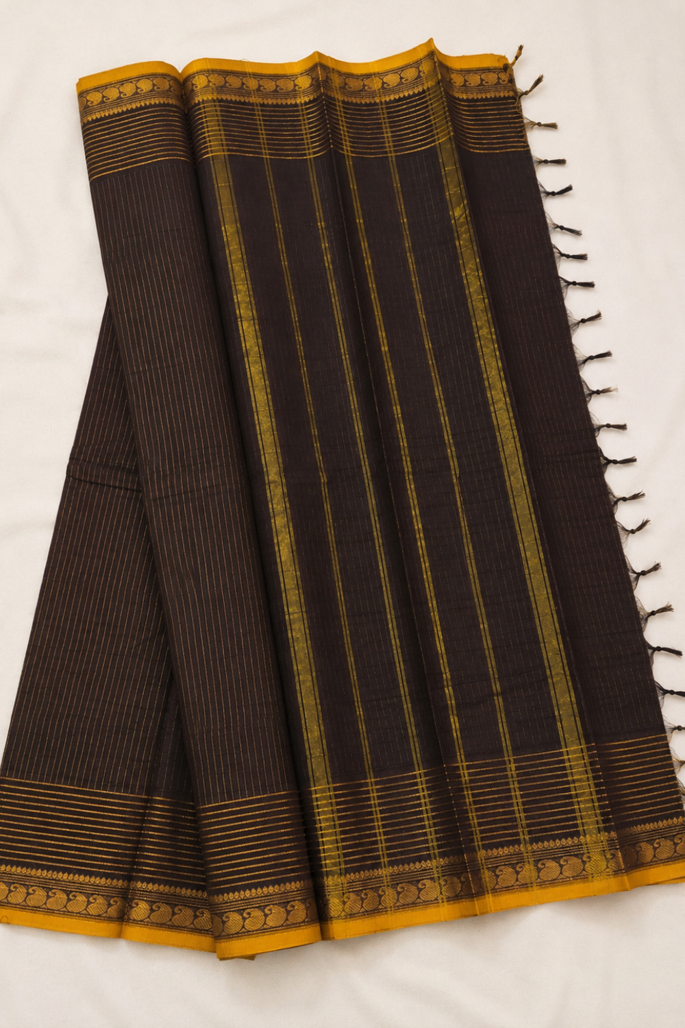 Coffee Brown Handloom Chettinad Cotton Saree with Stripes, Mango Motif Border & Mustard Yellow Selvedge