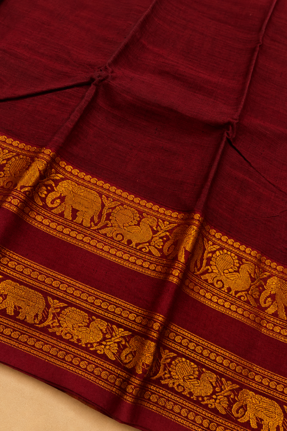 Maroon Narayanpet Cotton Saree with Traditional Gold Zari Border & Running Blouse