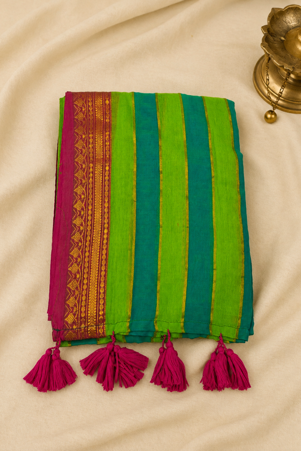 Blue & Green Striped Mul Mul Cotton Saree