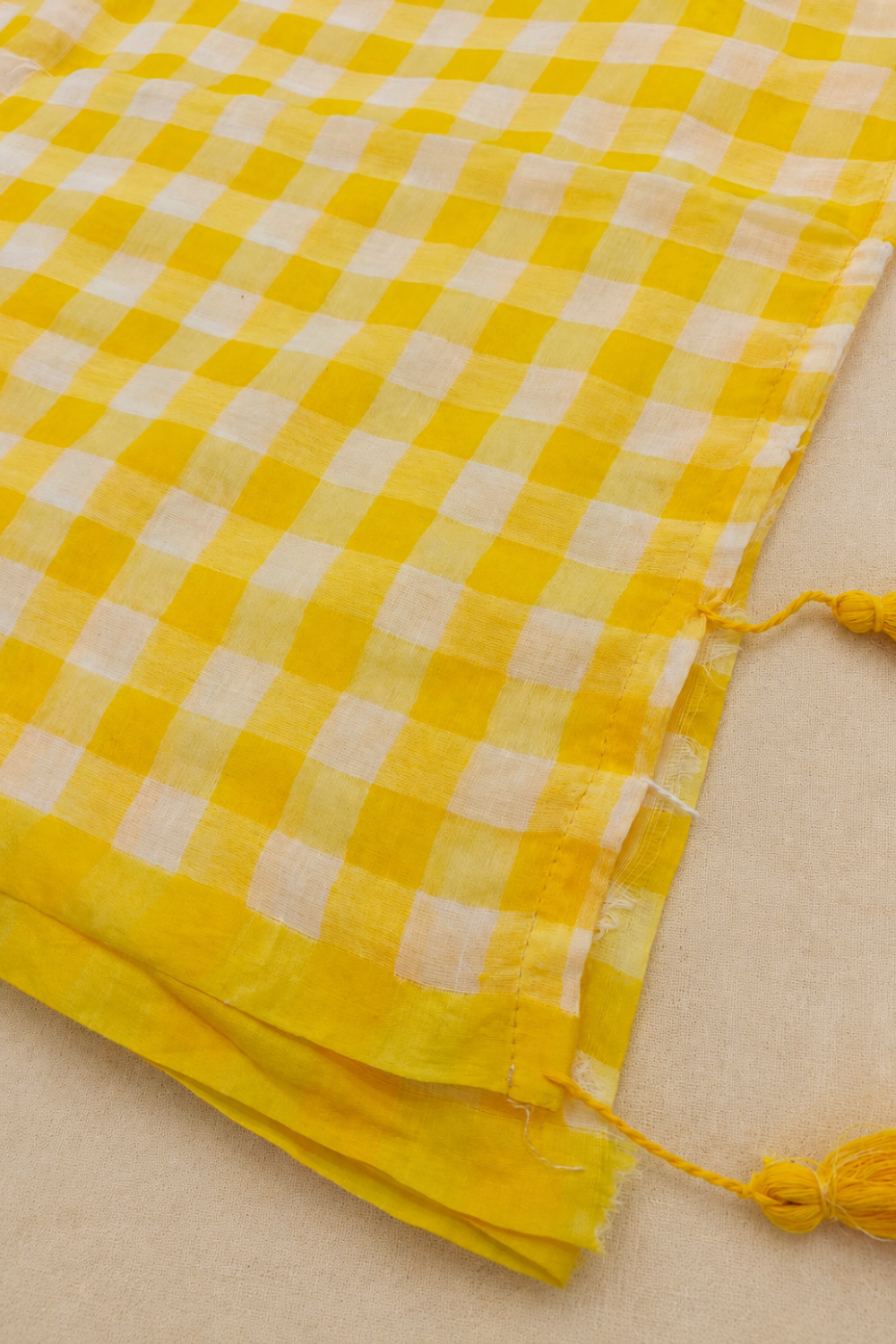 Yellow & White Checked Mul Mul Cotton Saree with Tassels