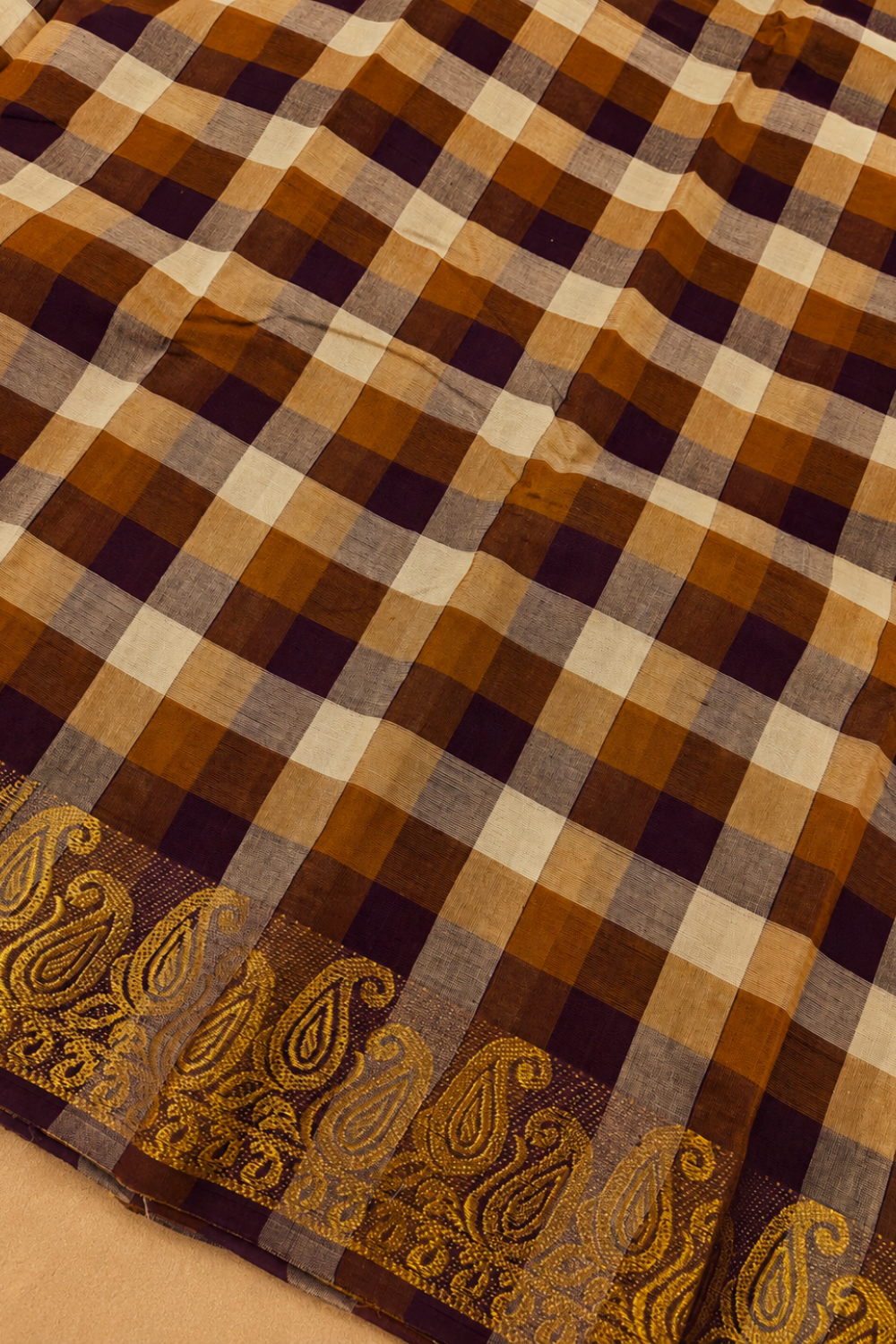 Brown Madras Checks Cotton Saree with Gold Zari Border