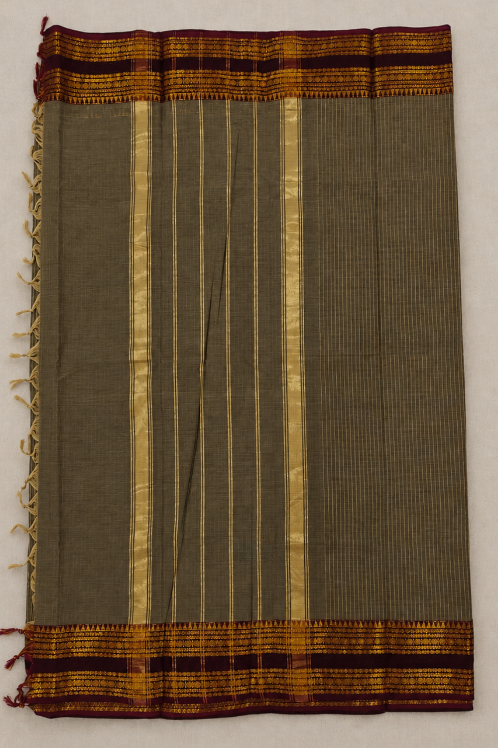 Grey Chettinad Cotton Saree with Maroon Zari-Inspired Border