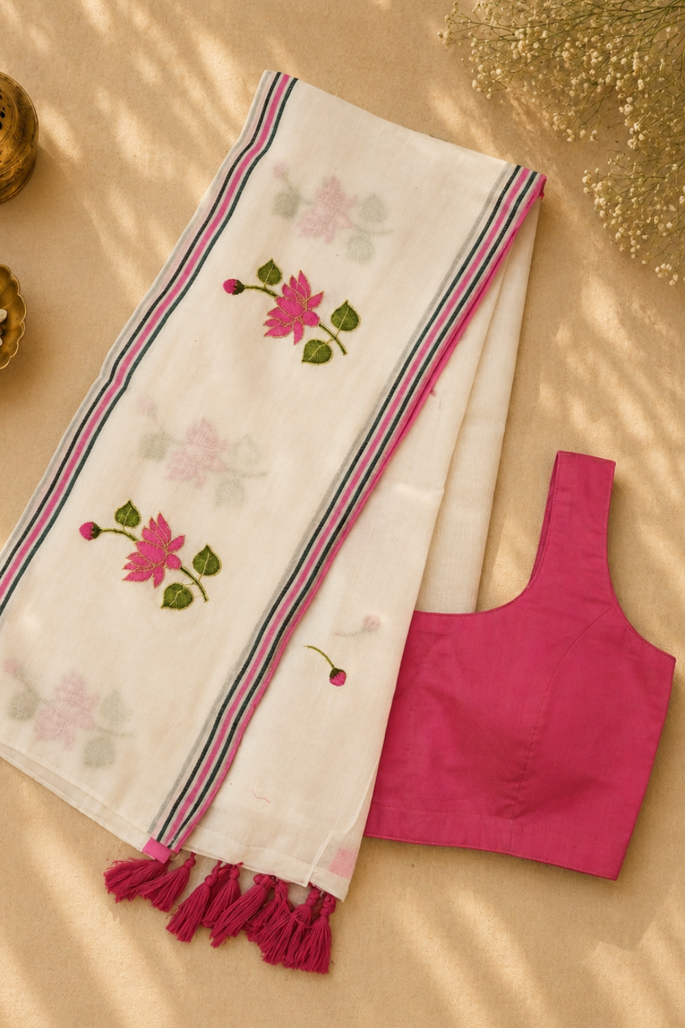 White Mul Mul Cotton Saree with Pink Lotus Embroidery