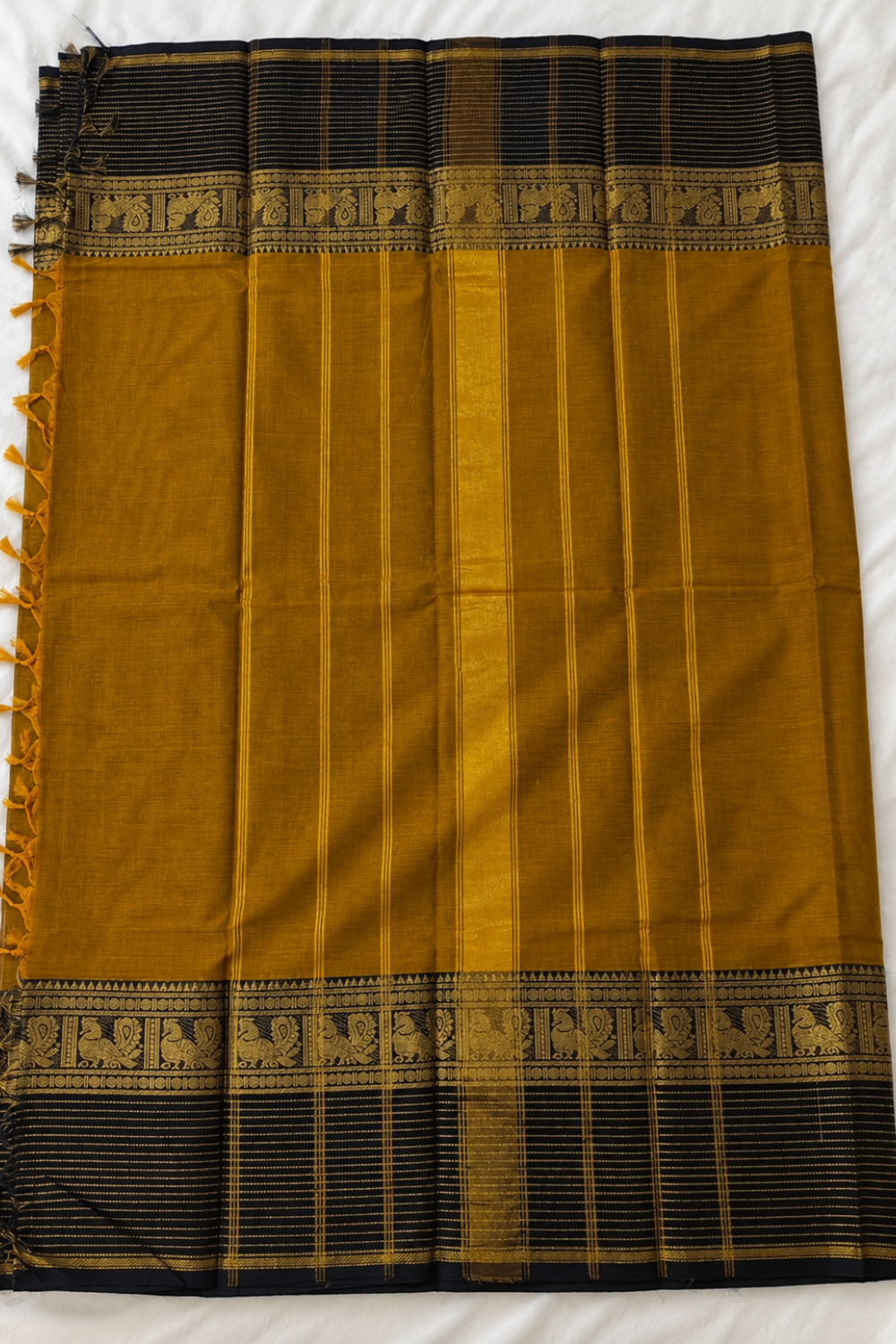 Mustard Handloom Chettinad Cotton Saree with Black Peacock Motif Border