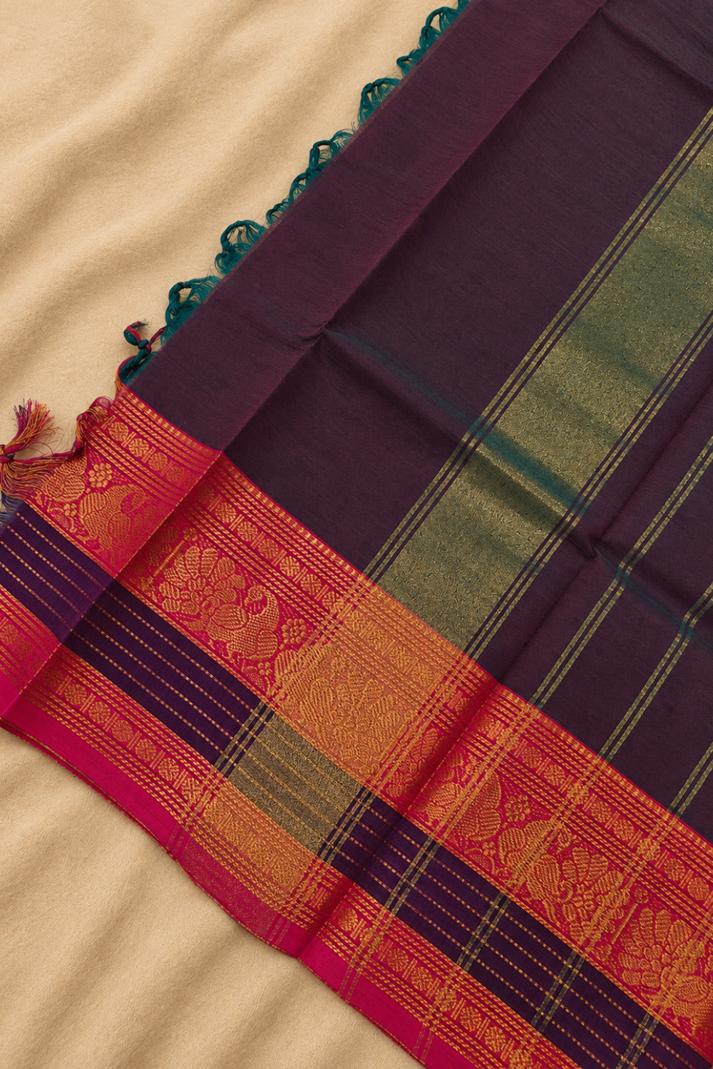 Purple Handloom Chettinad Cotton Saree with Rani Pink Peacock Motif Border