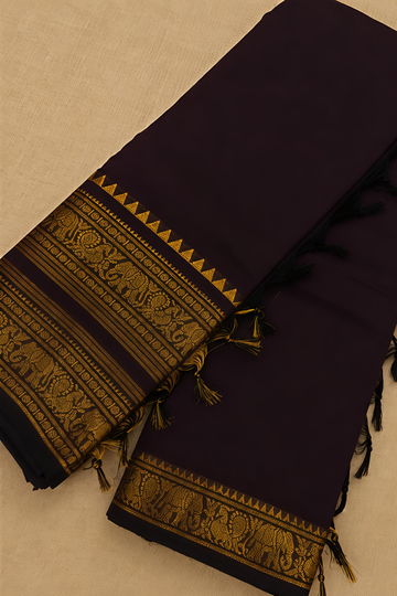 Coffee Brown Chettinad Cotton Saree with Traditional Zari Border