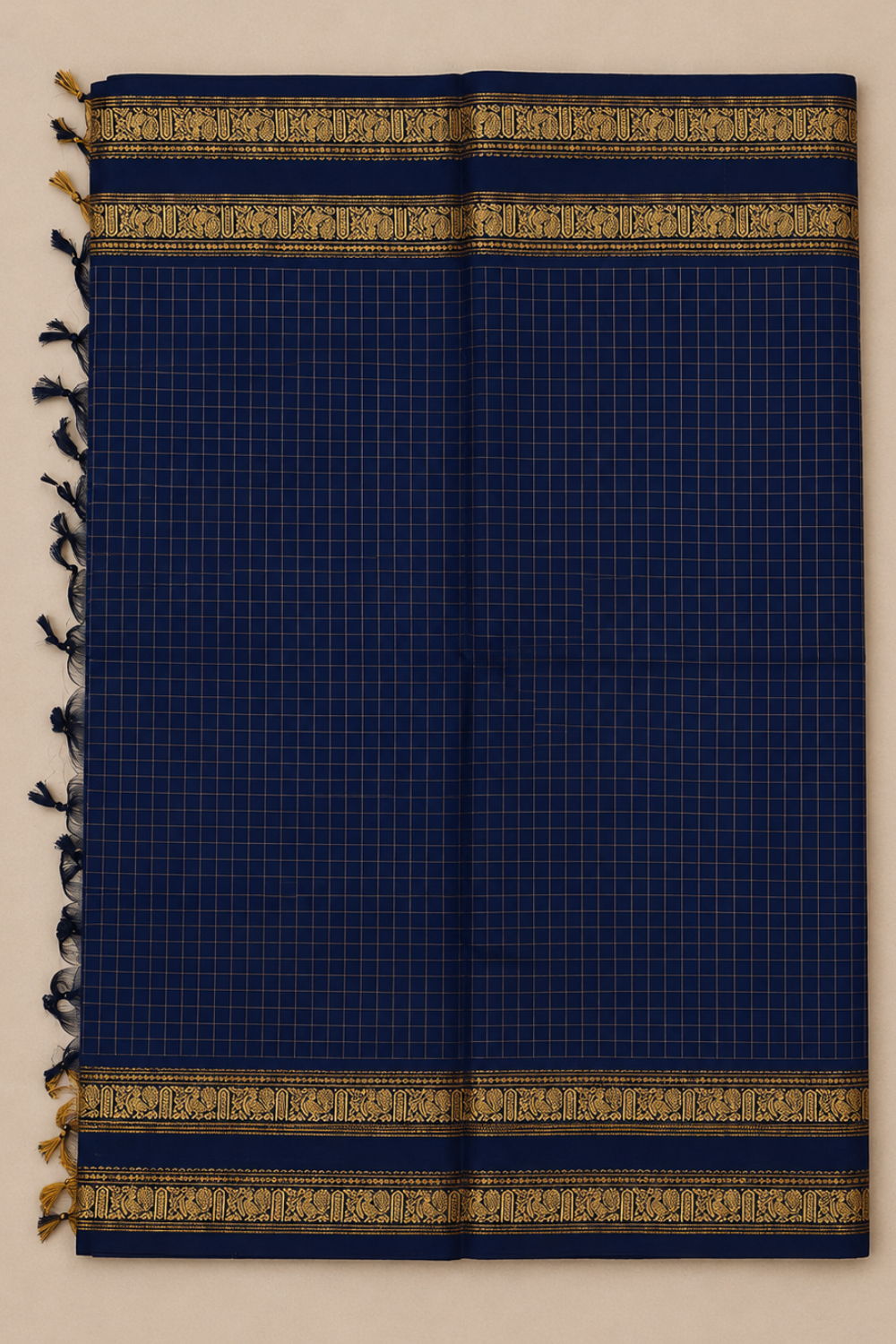 Royal Navy Blue Kanchi Cotton Saree with Gold Zari-Inspired Border & Checks