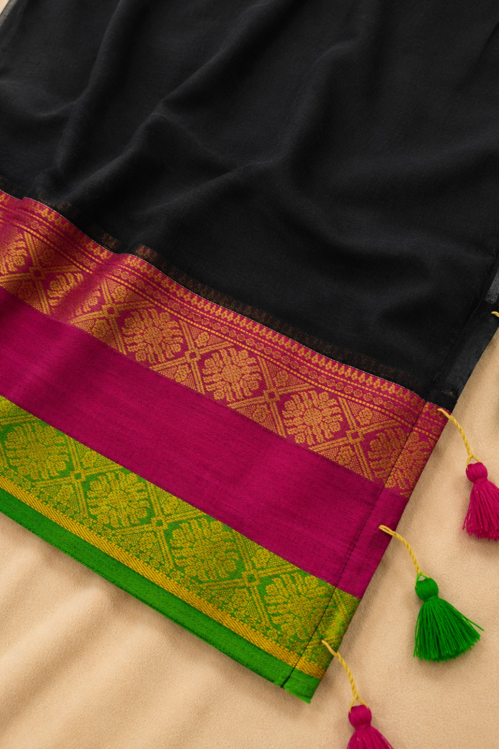 Black Mul Mul Cotton Saree with Pink & Green Border