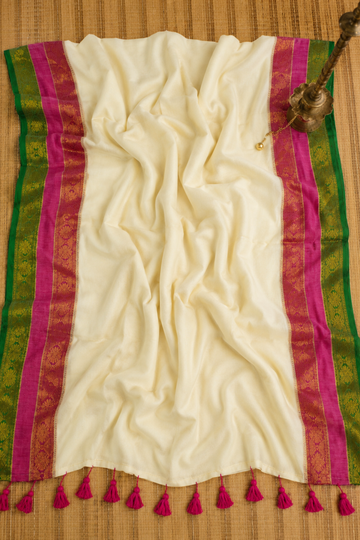 Off White Mul Mul Cotton Saree with Pink & Green Border