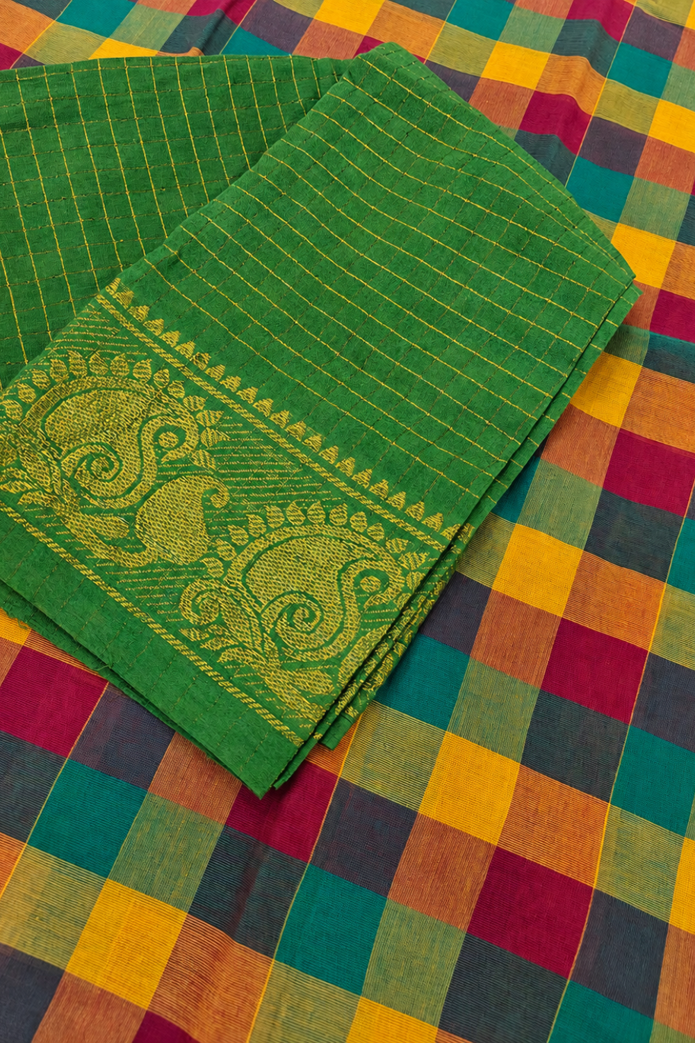Madras Checks Cotton Saree with Traditional Gold Zari Border
