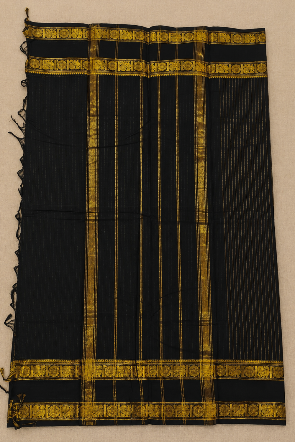 Classic Black Chettinad Cotton Saree with Traditional Golden Temple Border