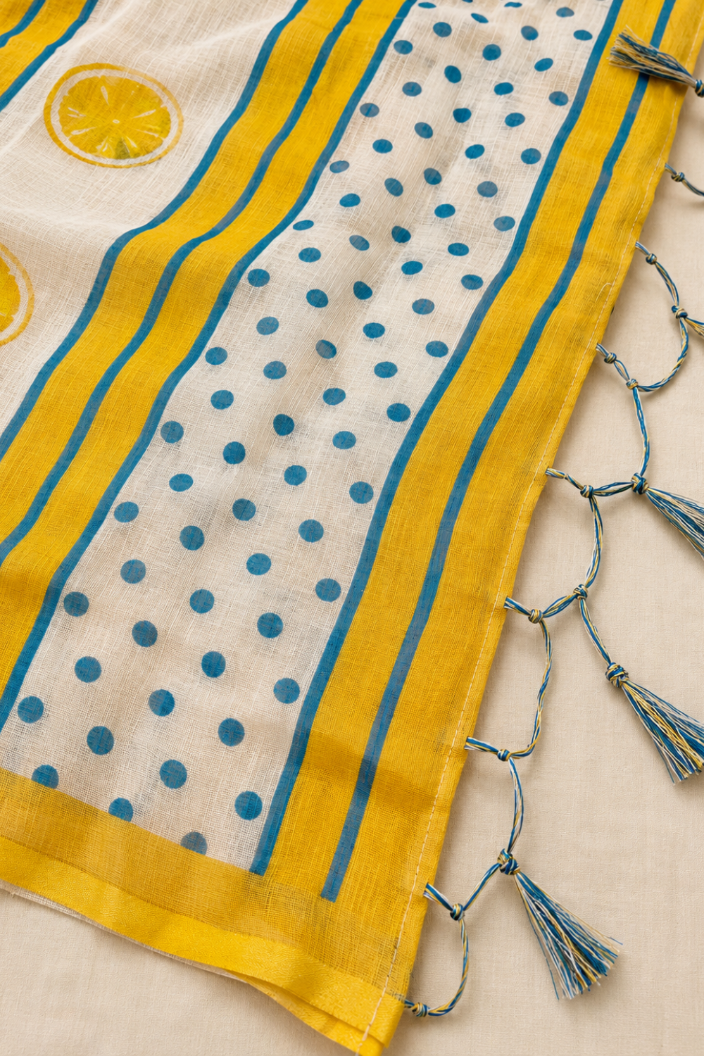 Sky Blue & White Striped Linen Blend Saree with Motifs & Yellow Blouse