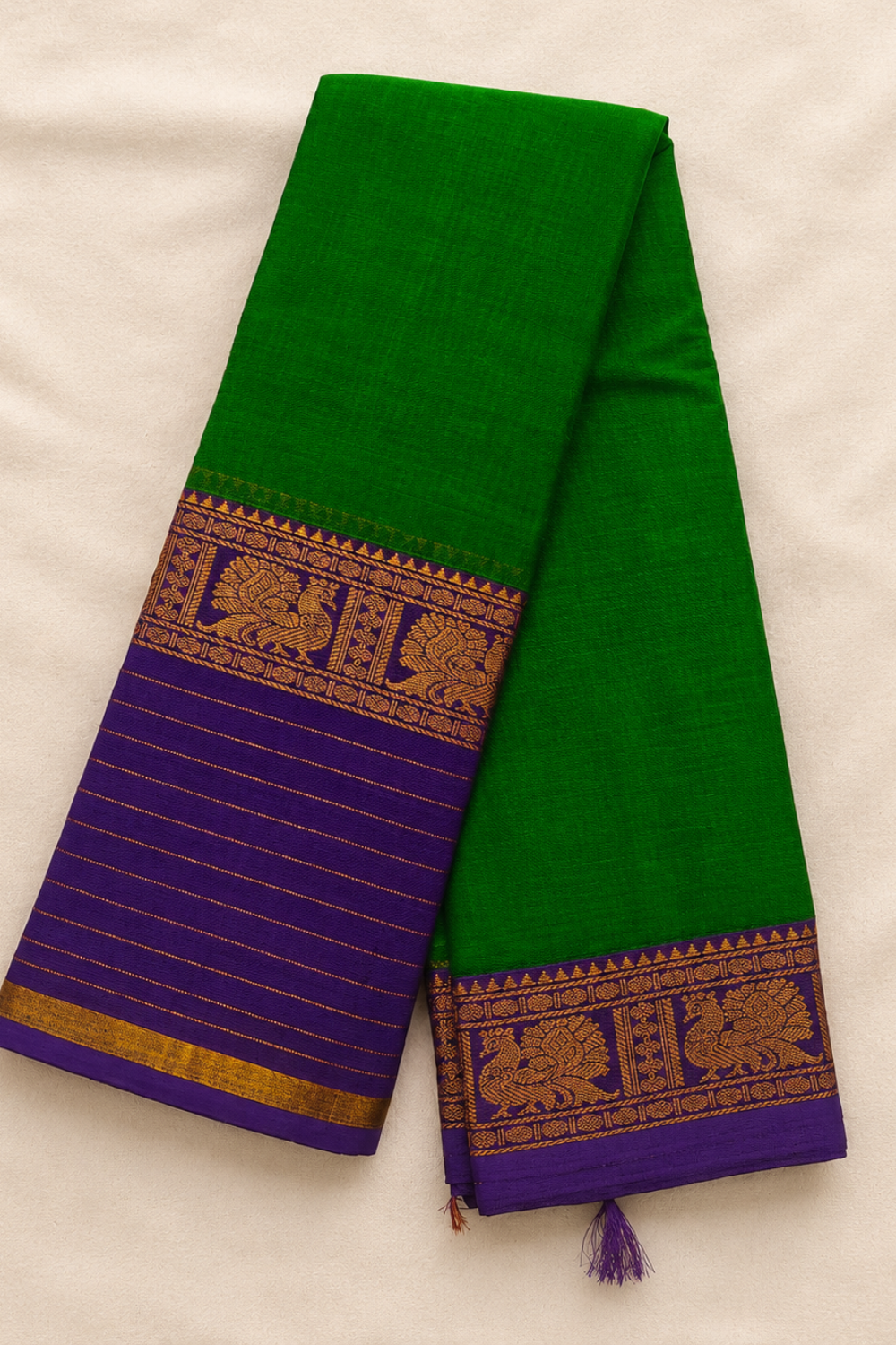 Emerald Green & Purple Narayanpet Cotton Saree with Traditional Gold Zari Border