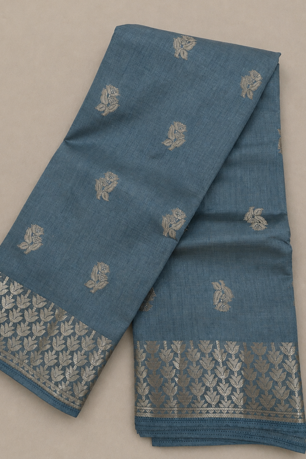 Grey Tussar Saree with Zari Floral Motifs