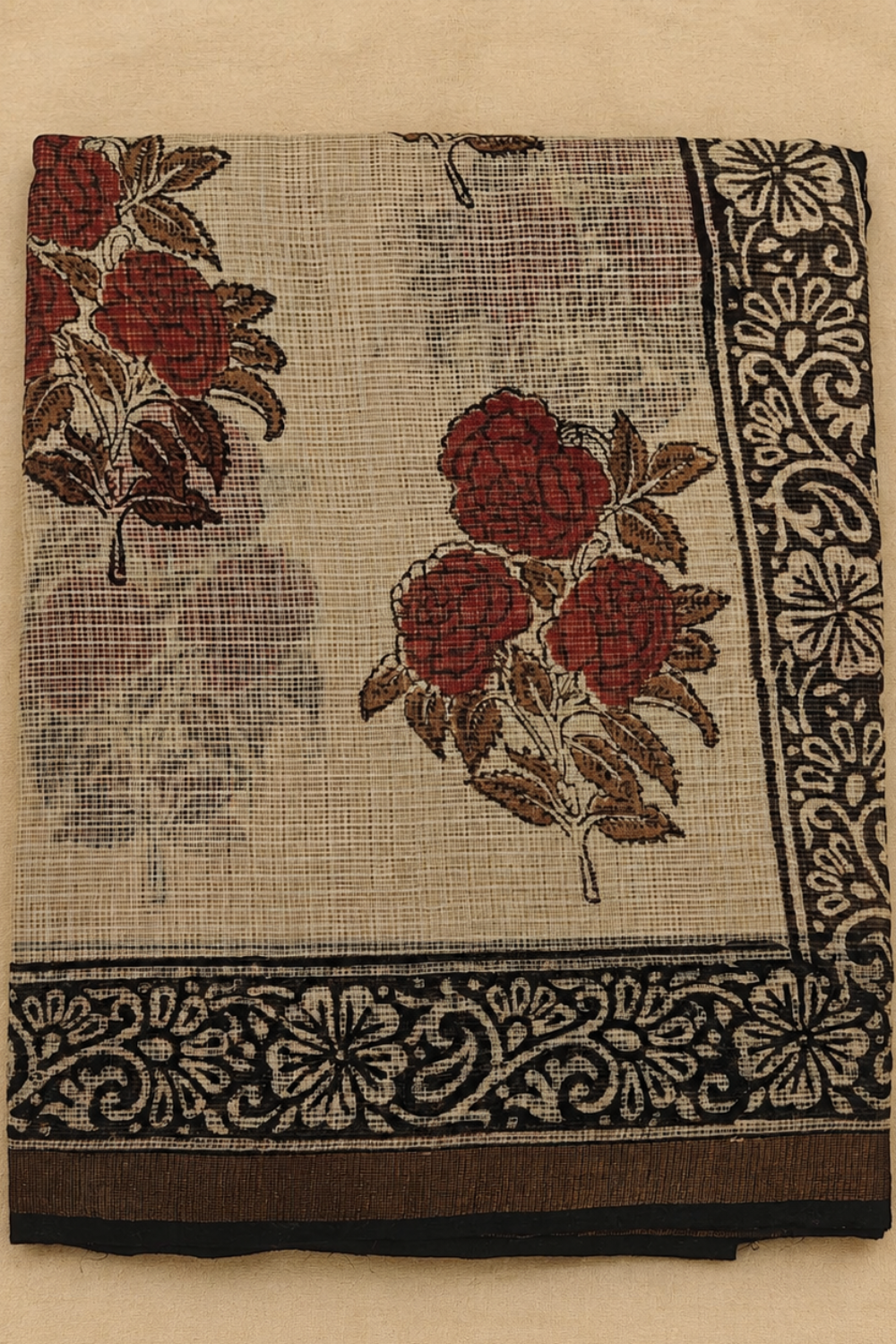 Ivory and Red Floral Hand Block Printed Kota Doria Saree