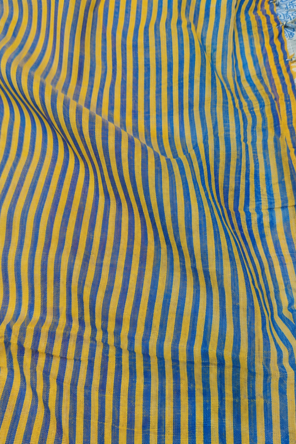 Blue Border Floral Printed Linen Blend Saree with Striped Pallu