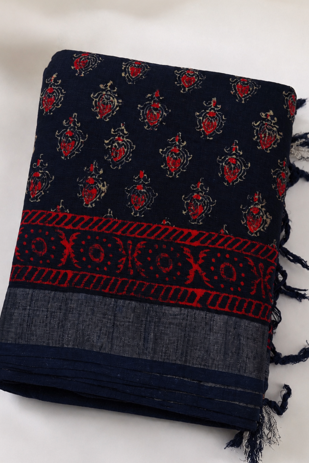 Navy Blue Linen Saree with Traditional Block Prints