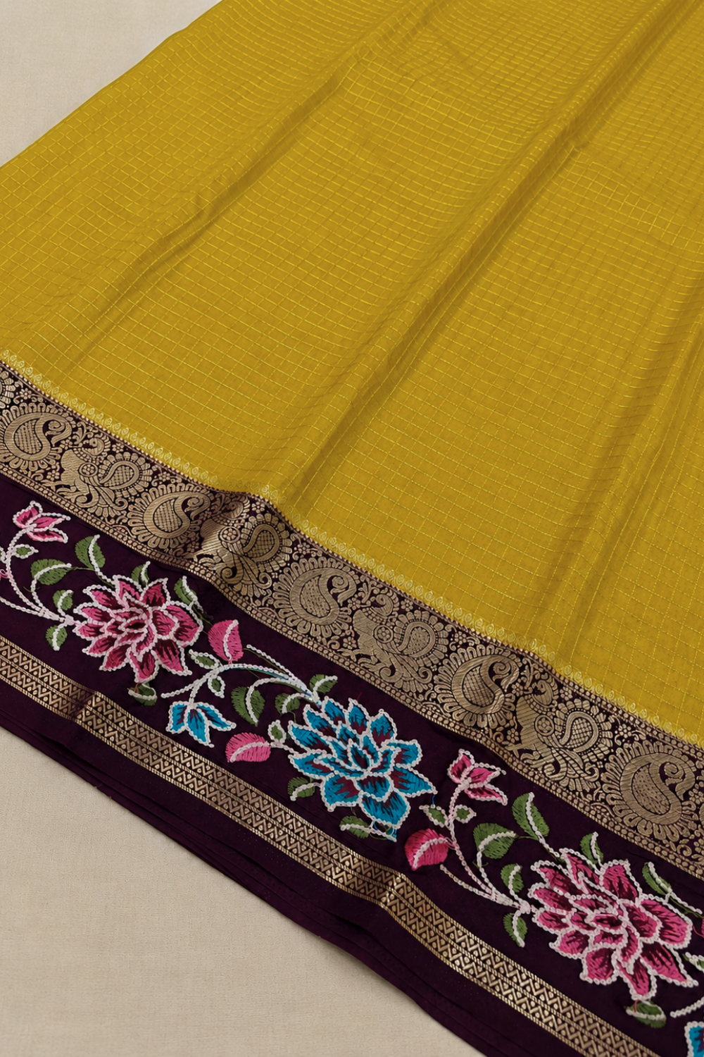 Mustard Yellow Mysore Crepe Saree with Rich Floral Contrast Border & Blouse