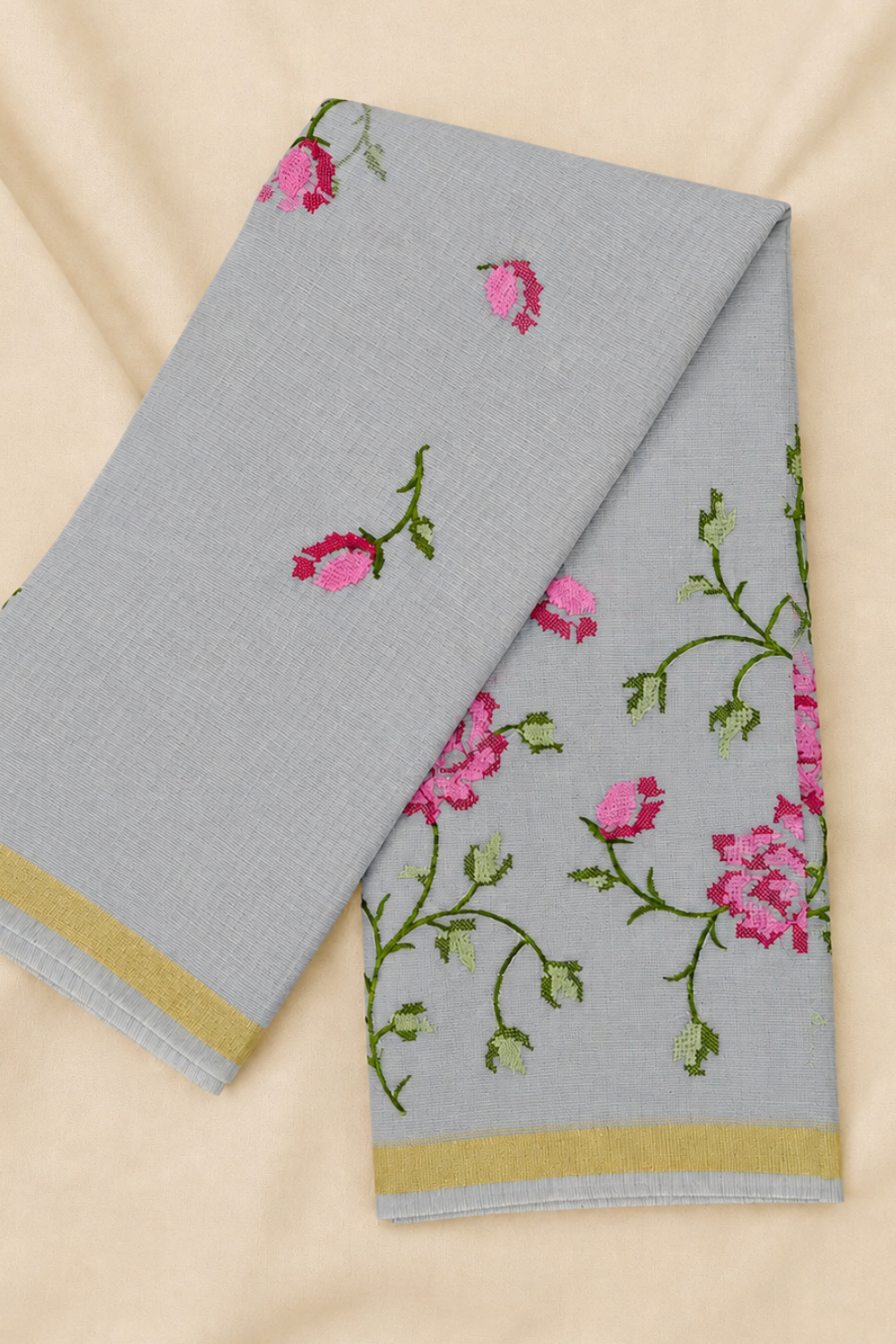Elegant Dove Grey Embroidered Kota Saree